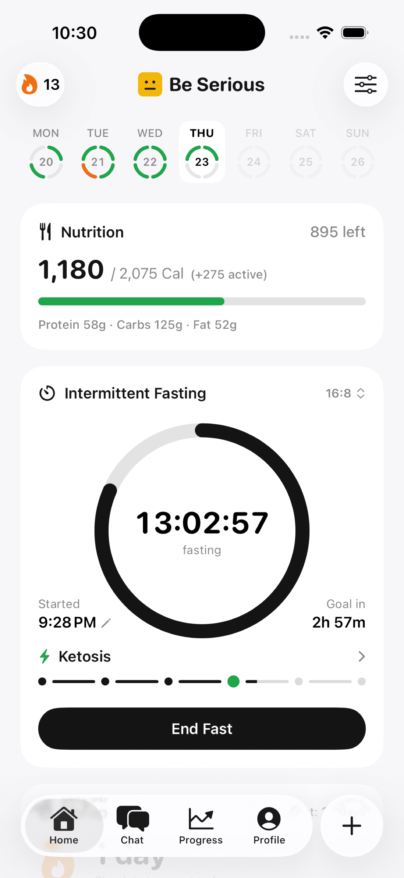 The Be Serious dashboard: calories, a live fasting timer and the day's streak