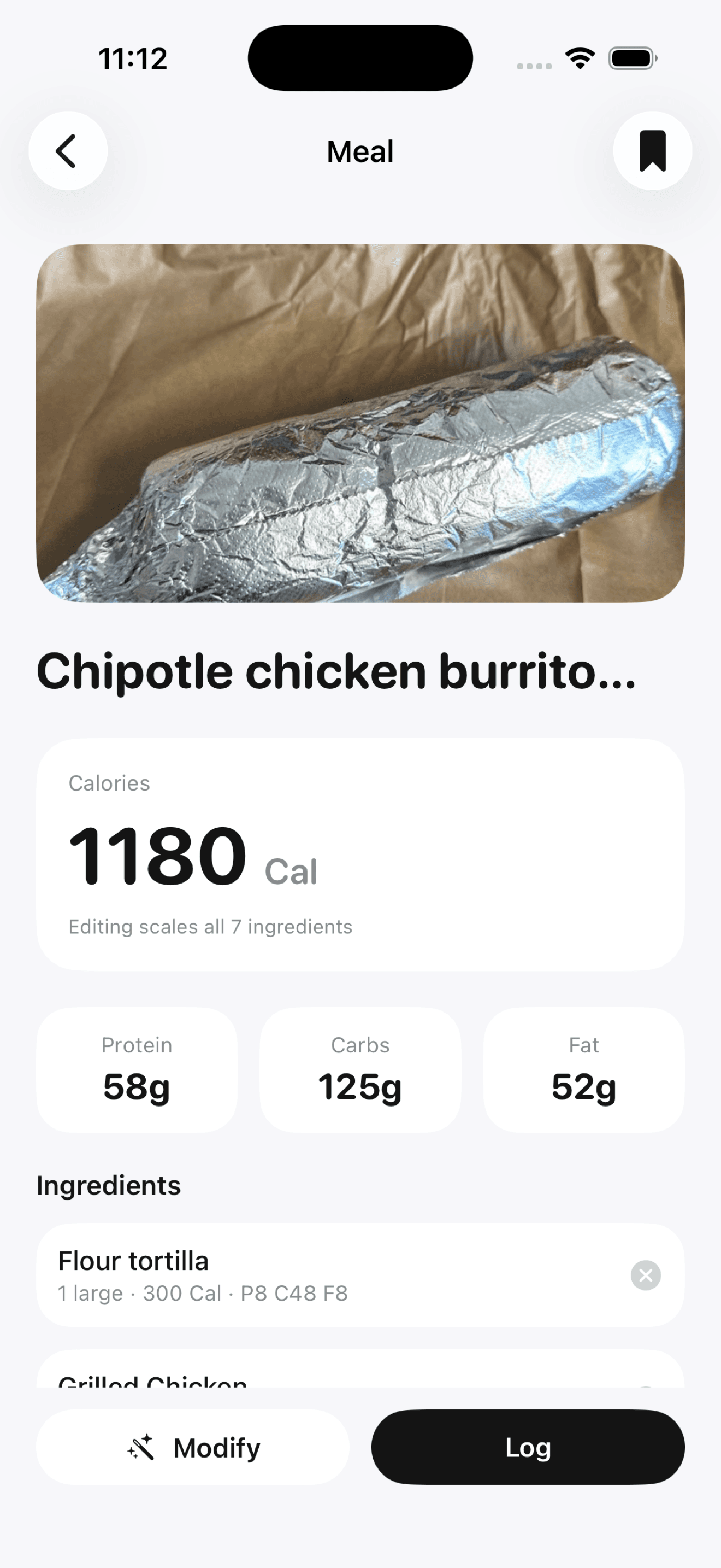 A scanned burrito with its calories, macros and ingredient breakdown